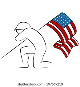 An image of a soldier holding an American flag.