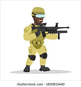 Imagen de un soldado infante de marina con armas en manos que da órdenes. Equipar a una persona militar en el ejército. Imagen de caricatura de fondo blanco.