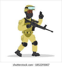 Imagen de un soldado infante de marina con armas en manos que da órdenes. Equipar a una persona militar en el ejército. Imagen de caricatura de fondo blanco.