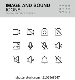 Conjunto de iconos de imagen y sonido, 50x50, trazo editable.