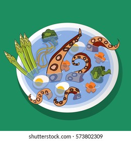  The image of the soup with tentacles, eggs, broccoli, carrot and asparagus. 