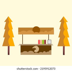 Imagen de una tienda de recuerdos en medio de dos árboles en otoño. adecuado para medios sociales, noticias, stickers, folletos.