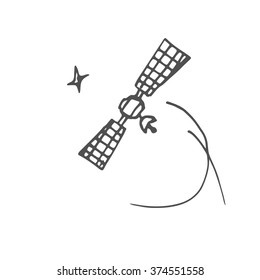 Image space satellite in orbit sketch stars. Doodle style