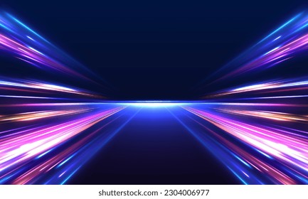 Imagen de movimiento rápido en la carretera. Fondo abstracto en colores de neón azul y violeta. Velocidad de la luz en la galaxia. Giro violeta de onda brillante, líneas de cable de impulso. Exposición a largo plazo. Vector