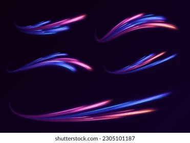 Image of speed motion on the road. Abstract background in blue and purple neon glow colors. Speed of light in galaxy. Purple glowing wave swirl, impulse cable lines. Long time exposure. Vector