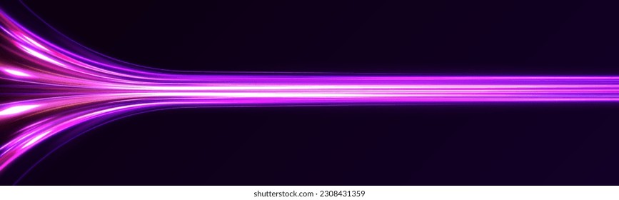 Imagen de movimiento rápido en la carretera. Fondo abstracto en colores de neón azul y violeta. Velocidad de la luz en la galaxia. Giro violeta de onda brillante, líneas de cable de impulso. Exposición a largo plazo. Vector