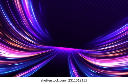 Image of speed motion on the road. Abstract background in blue and purple neon glow colors. Speed of light in galaxy. Purple glowing wave swirl, impulse cable lines. Long time exposure. Vector