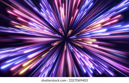 Imagen de movimiento rápido en la carretera. Fondo abstracto en colores de neón azul y violeta. Velocidad de la luz en la galaxia. Concepto de tecnología panorámica de alta velocidad, fondo abstracto claro. Vector.	