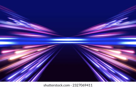 Imagen de movimiento rápido en la carretera. Fondo abstracto en colores de neón azul y violeta. Velocidad de la luz en la galaxia. Concepto de tecnología panorámica de alta velocidad, fondo abstracto claro. Vector.	