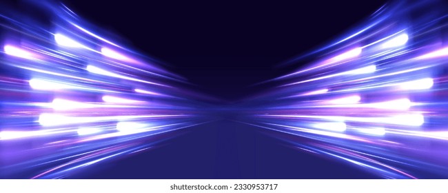 Imagen de movimiento rápido en la carretera. Fondo abstracto en colores de neón azul y violeta. Velocidad de la luz en la galaxia. Concepto de tecnología panorámica de alta velocidad, fondo abstracto claro. Vector.	