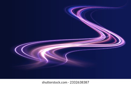 Imagen de movimiento rápido en la carretera.  Visualización del tráfico de grandes datos, tráfico dinámico de transmisión de datos de alta velocidad.	Fondo abstracto en colores de neón azul y violeta.