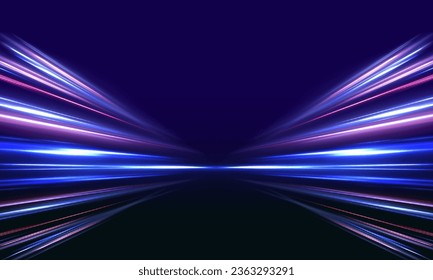 Image of speed motion on the road. Abstract background in blue and purple neon glow colors. Speed of light in galaxy. Panoramic high speed technology concept, light abstract background. Vector.	