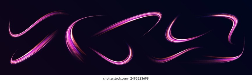 Bild der Geschwindigkeitsbewegung auf der Straße. Abstrakter Lichtkomet in Galaxie, Hintergrund in blauen und violetten Neonfarben. Violett glühende Wellenwirbel, Impulskabellinien. Langzeitexposition. Vektorgrafik	