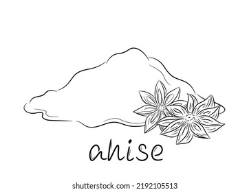 Imagen de anís picante (anís estrellado a mano). Una colina de especias molidas dibujada en forma de boceto. Ilustración de línea vectorial aislada.