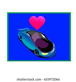 The image of a sports car is blue with a scarlet heart above the windshield. The heart is reflected in the glass.