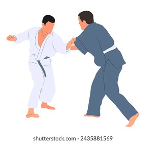 Image of sports couple judoka fighters. Judoist, judoka, athlete, duel, fight, judo, isolated vector