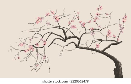 image of spring blooming sakura, a symbol of japan in a watercolor style on a light background