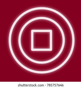 The image of the square in the circle the symbol of the coins. Icon with the effect of neon glow. The symbol of the Chinese new year.