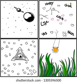 Image of square frames with objects inside. Among them are words, hearts, triangle, sun and grass.