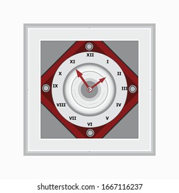 Image of a square shape, roman numeral, wall clock, vector graphic design in red and white color.