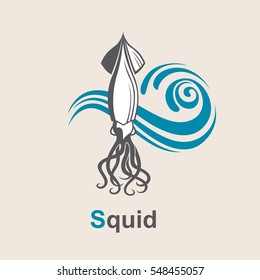 Image of squid and sea waves. Vector illustration