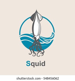 Image of squid and sea waves. Vector illustration
