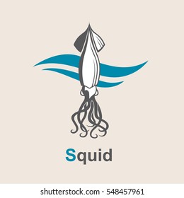 Image of squid and sea waves. Vector illustration