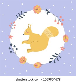Image of squirrel in a frame of leaves and berries. Vector illustration in scandinavian style for your design.
