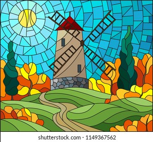 The image in the stained glass style landscape with a autumn landscape, windmill on a background of sky and sun