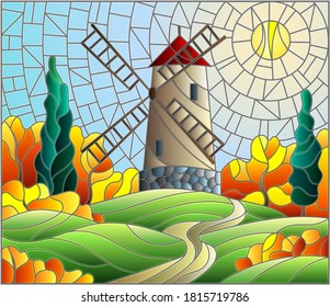 The image in the stained glass style landscape with a autumn landscape, windmill on a background of sky and sun