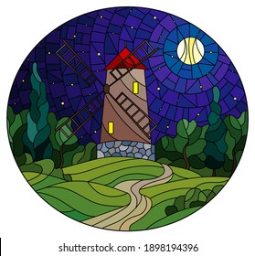 The image in the stained glass style landscape with a  windmill on a background of starry night sky and moon, oval image