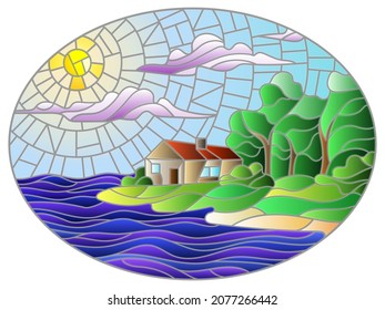 The image in the stained glass style landscape with a lonely house on a background of sky and sea, oval image 