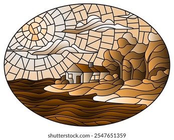 The image in the stained glass style landscape with a lonely house on a background of sky and sea, oval image, tone brown