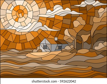 The image in the stained glass style landscape with a lonely house on a background of sky and sea,brown tone , Sepia