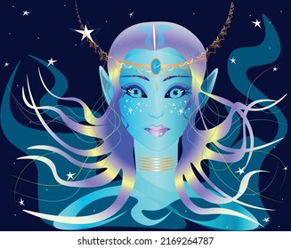 The image of a star elf. All the shades of the mysterious cosmos sparkle in the elf's hair. Stars shine in her eyes.  Magic, sorcery and miracles are the elements of the space princess. 