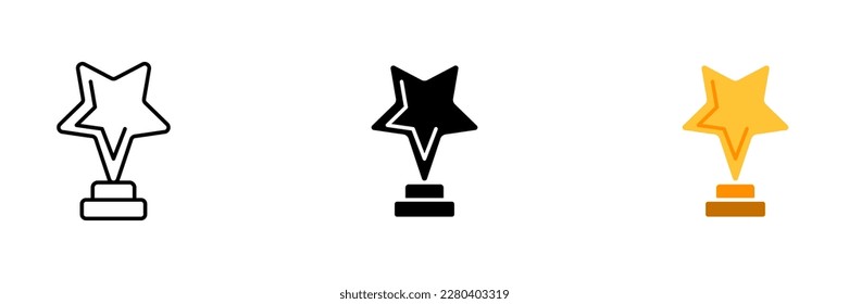 An image of a star on a pedestal, symbolizing achievement or success. Vector set of icons in line, black and colorful styles isolated.