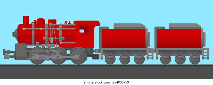 image of steam train with two wagons in flat style