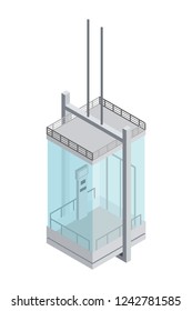 Image of a steel and glass panoramic elevator with transparent windows in isometric style on a white background Element of the building structure  lifting people to the floor Vector illustration