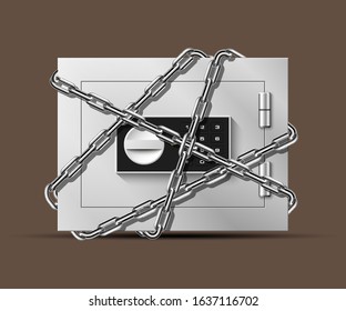 Image of a steel safe wrap chain. Armored box background. The door safe a bank vault with a combination lock. Reliable Data Protection