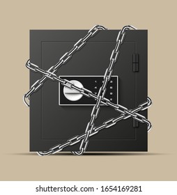 Image of a steel safe wrap chain. Armored box background. The door safe a bank vault with a combination lock. Reliable Data Protection