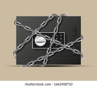 Image of a steel safe wrap chain. Armored box background. The door safe a bank vault with a combination lock. Reliable Data Protection