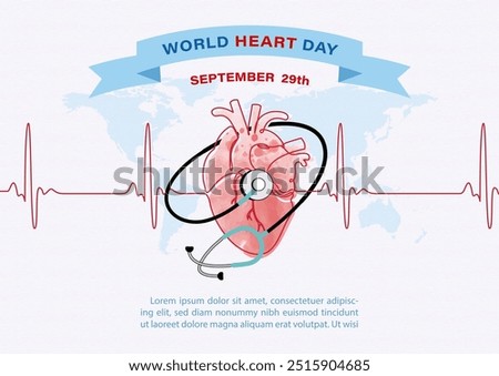 Image of Stethoscope around on a human heart with heartbeat and wording of World Heart Day, example texts on blue paper pattern background. Poster's campaign in watercolors and vector design.