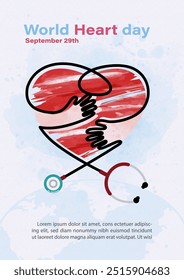 Imagen del estetoscopio hace que las manos humanas que actúan abracen un corazón rojo y la redacción del Día Mundial del Corazón, textos de ejemplo sobre fondo de patrón de papel azul. Campaña de carteles en acuarelas y diseño de Vector.