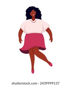 Image of a sticker about loving your body. The colorful depiction of a beautiful woman combines elements of design and cartoon artistry to create a lively and engaging portrayal. Vector illustration.