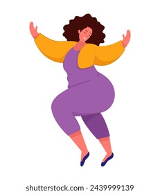 Image of a sticker about loving your body. In this artwork, a stunning woman is portrayed in a vibrant and dynamic cartoon design, showcasing a colorful style. Vector illustration.