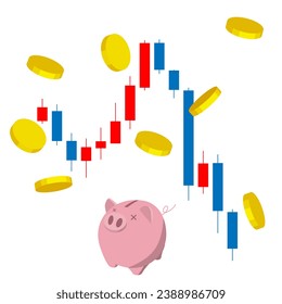 Image of a stock chart crashing and losing money. Illustration of money flying out of a piggy bank.