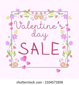 an image for stores with sales in honor of Valentine's Day. Decorated with flowers and hearts