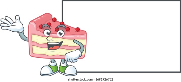 An image of strawberry slice cake with board mascot design style