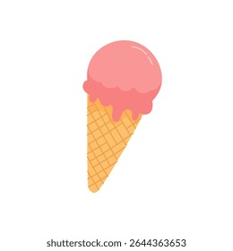 Image of strawberry soft serve ice cream in a waffle cone on a transparent background. Minimalist flat illustration
