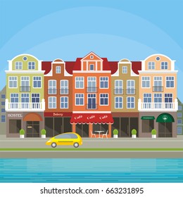 Image of the street of the European city. Old houses on the bank of the channel. Vector illustration.